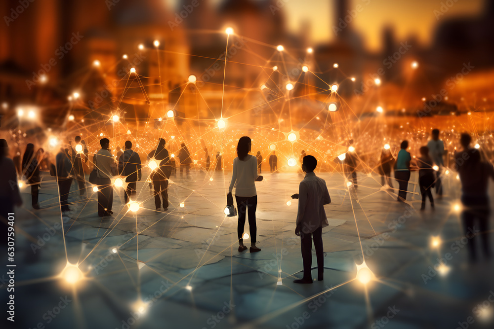 People group in network, dreamlike atmosphere. Detailed crowd scenes created with Generative AI technology