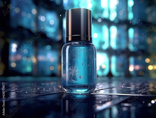 Display of cosmetics with a technological background,created with generative ai tecnology. photo