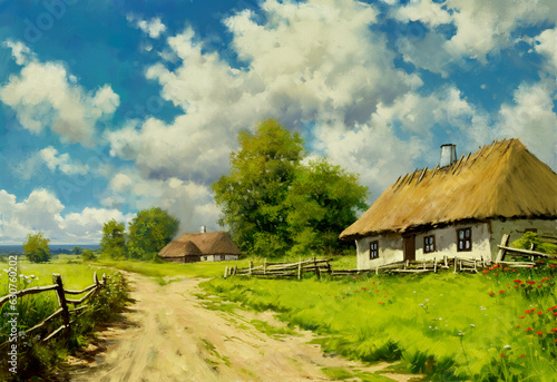 Road in the old village, fine art, paitings landsccape, old house in the countryside