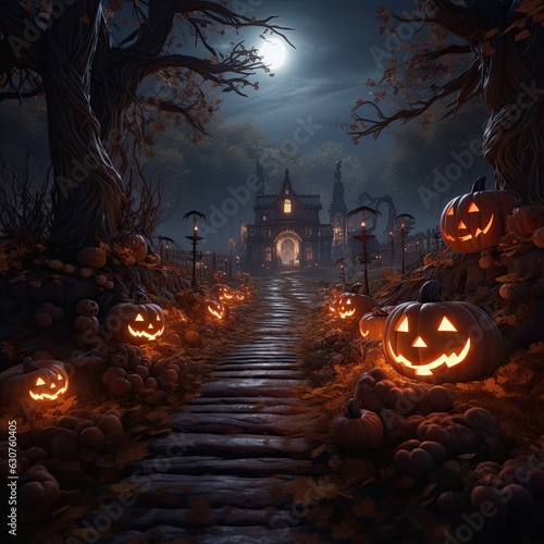 Halloween pumpkins in spooky forest at night with evil eyes. Illustration. AI generation.