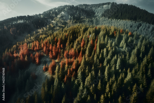 Aerial view of pines in the mountains, wood  photo created with Generative AI technology © Oksana