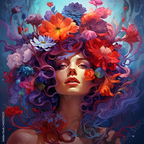 Fantasy flower portrait of a woman created with Generative AI technology © Oksana