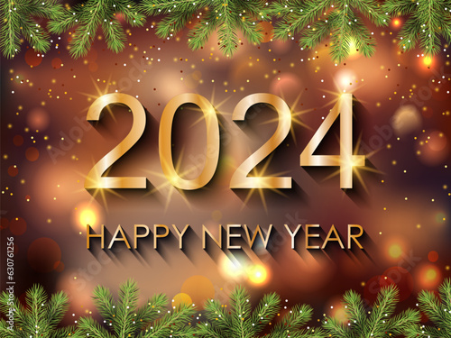 2024 Happy New Year background with Christmas tree branches and lights. Vector illustration.
