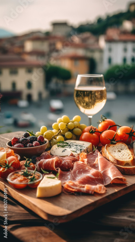 Tasty italian snacks on wooden board in outdoor cafe with amazing view in Italy