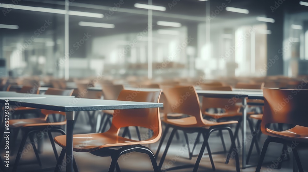 Empty defocused university classroom. AI generative.