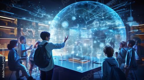 A picture of a futuristic holographic classroom with a teacher delivering a lecture to students around the world. photo