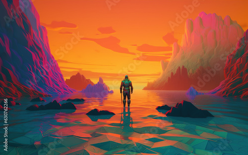 A man walks through the ocean of multicolored,created with generative ai tecnology.