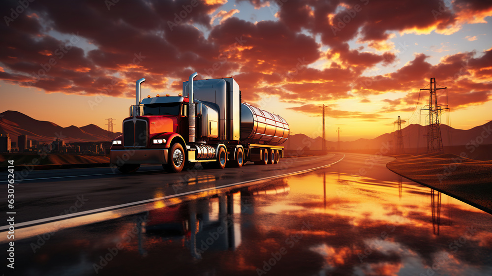 Powering Business in the Transport Sector. Highway horizons road. Transportation and Oil Industry at Sunset. Generative AI Powering Business in the Transport Sector. Highway horizons road. Transportation and Oil Industry at Sunset. Generative AI