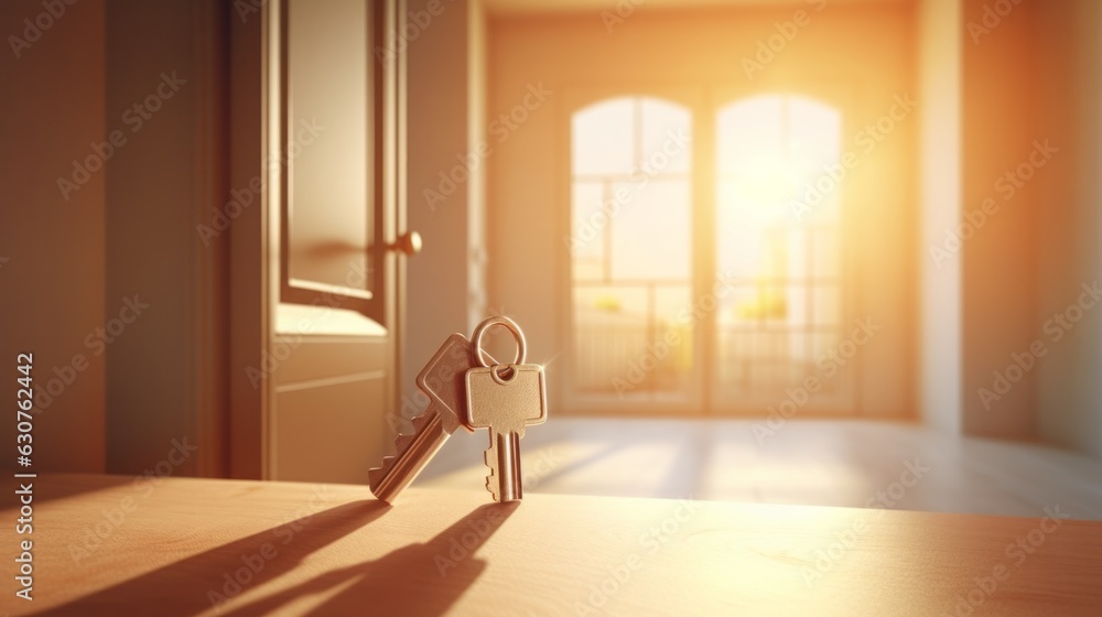 Obraz premium Open door with key to big light living room. AI generative.