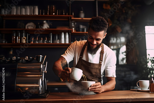 Barista at work. Guy makes coffee