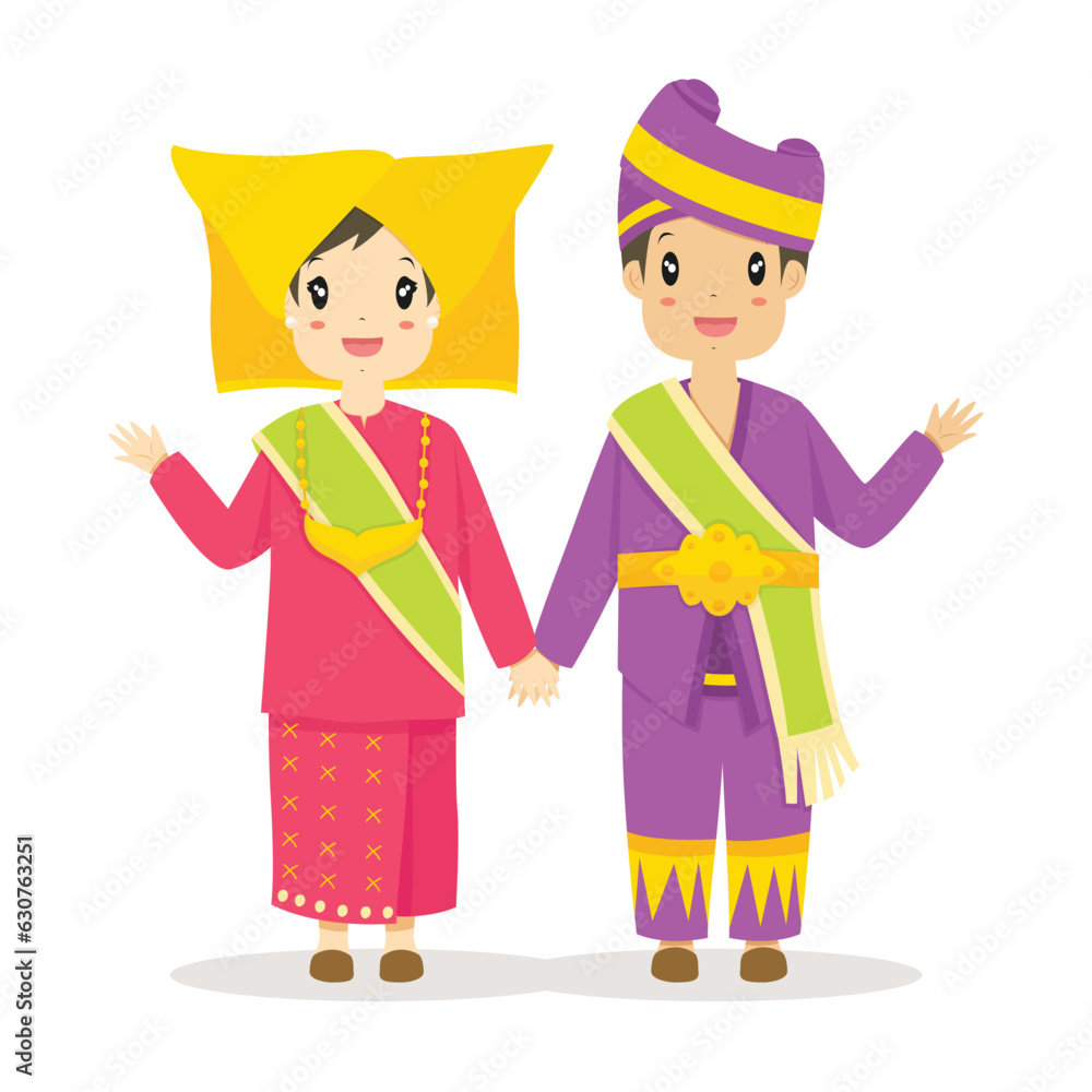 Happy couple wearing Padang, West Sumatra traditional dress waving hands, greeting hand gesture. Indonesia traditional dress cartoon vector. Happy couple wearing Padang, West Sumatra traditional dress waving hands, greeting hand gesture. Indonesia traditional dress cartoon vector.
