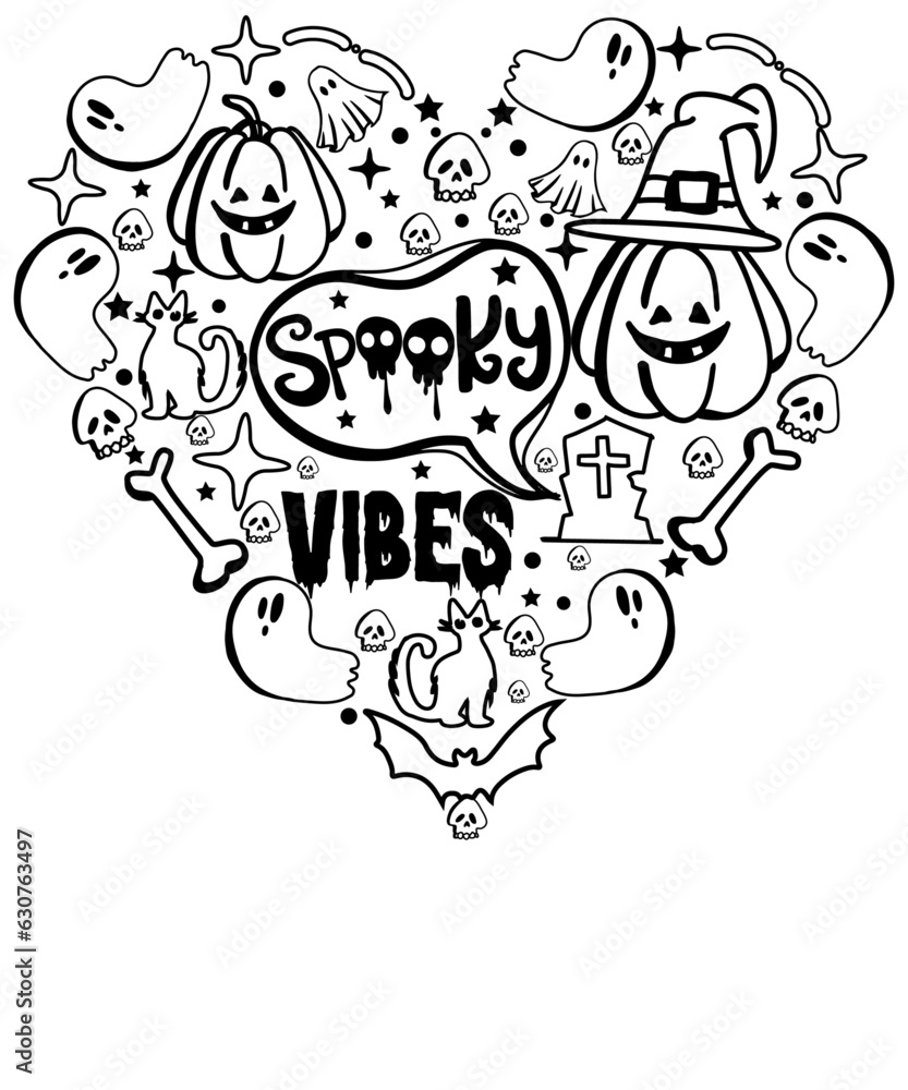 spooky vibes Love shape Halloween Pumpkin Doodle Typography SVG T Shirt Design spooky vibes Love shape Halloween Pumpkin Doodle Typography SVG T Shirt Design