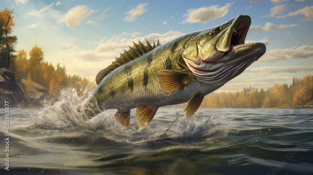 Mega bass in the river fishing. AI generative. Mega bass in the river fishing. AI generative.