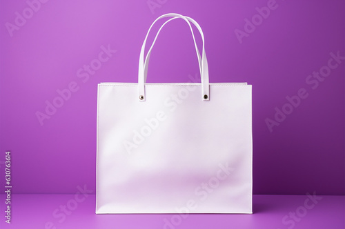 White paper shopping bag on purple background.