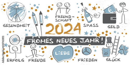 Frohes neues Jahr 2024 - querformat deutschter Text - gold, silber, weiß