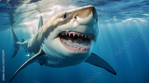 Smiling shark in ocean. AI generative.