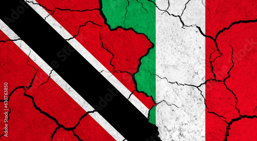 Flags of Trinidad and Italy on cracked surface - politics, relationship concept