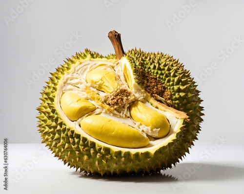 Durian fruit in white background, exotic tropical fruit on display, AI Generative