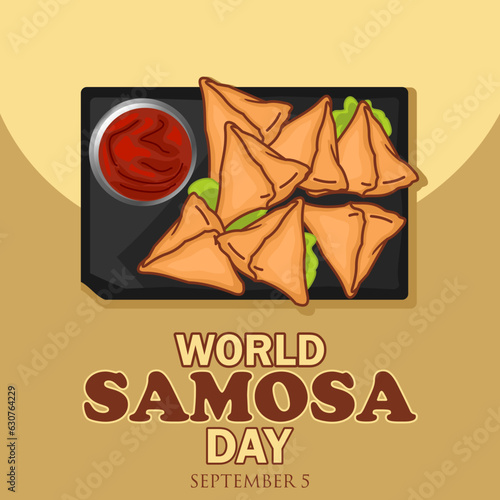 Samosa illustration, with bold world samosa day writing, to celebrate world samosa day, September 5.
