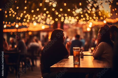 Crowd of people sitting in a pub and drinking beer. Blurred background