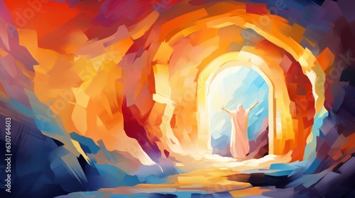 Abstract art. Colorful painting art of the empty tomb of Jesus. Easter or Resurrection concept. He is Risen. Generative AI photo