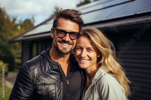 Portrait of happy couple standing by house with solar panels on roof