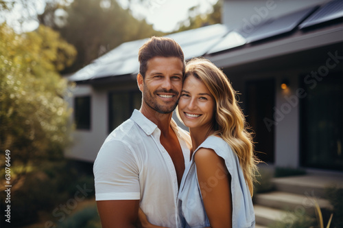 Portrait of happy couple standing by house with solar panels on roof