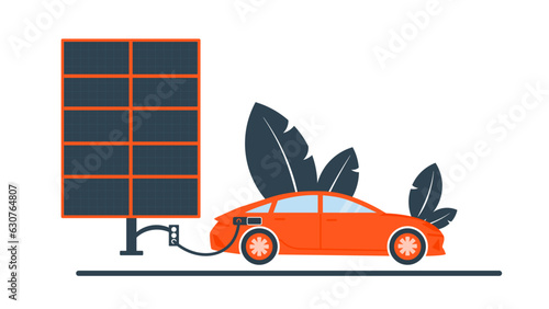 Electric car charging with solar energy. Electric car charging with solar panels. Sustainable life. Sustainable car. Electric Car Charging Parking Station.