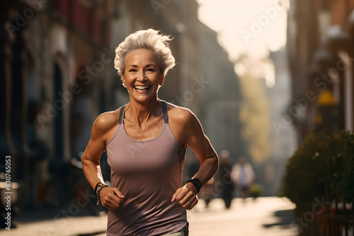 Happy Elderly woman jogging in the street created with Generative AI technology