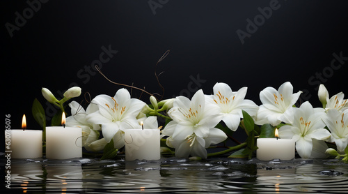 Bouquet of white magnolia flowers with burning candle on black background