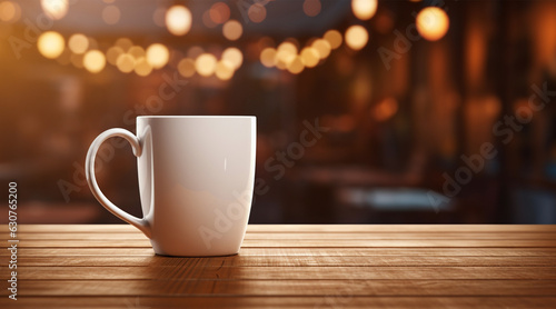 Coffee cup on wooden table in front of bokeh background