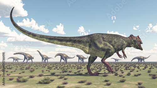 Fototapeta Naklejka Na Ścianę i Meble -  Giganotosaurus und eine Gruppe von Argentinosaurus Dinosauriern