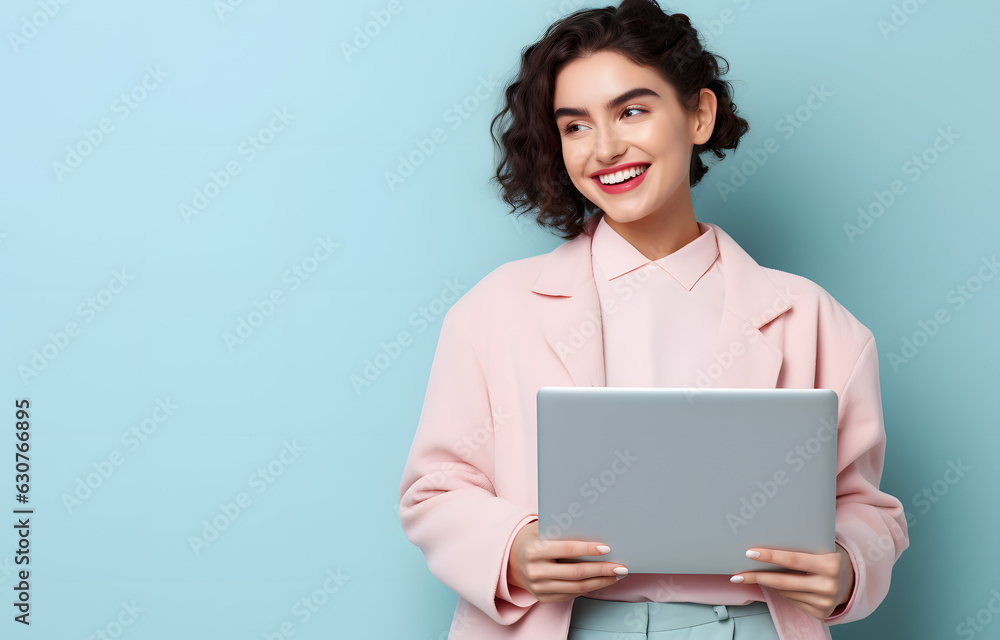 Smiling pretty woman with laptop in front of pastel wall created with Generative AI technology Smiling pretty woman with laptop in front of pastel wall created with Generative AI technology