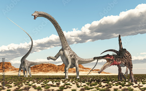 Dinosaurier Spinosaurus und Diplodocus in einer Wüstenlandschaft © Michael Rosskothen