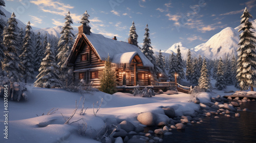 Christmas winter house cottage in wild mountain forest snow