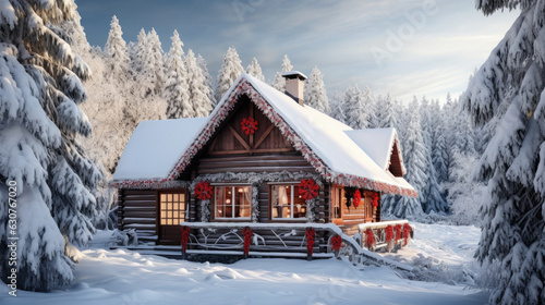 Christmas winter house cottage in wild mountain forest snow © stocker
