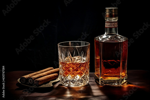 A bottle and a glass of whiskey with ice and a steaming Cuban cigar on a table against a light background. Men\'s club banner idea. Copy space for text