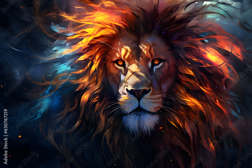 Naklejka premium Lion with fire artwork created with Generative AI technology