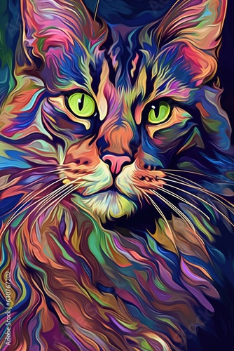 Cymric cat psychedelic look. Generative AI