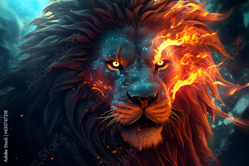 Lion with fire artwork created with Generative AI technology