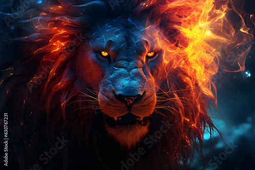Lion with fire artwork created with Generative AI technology © Oksana