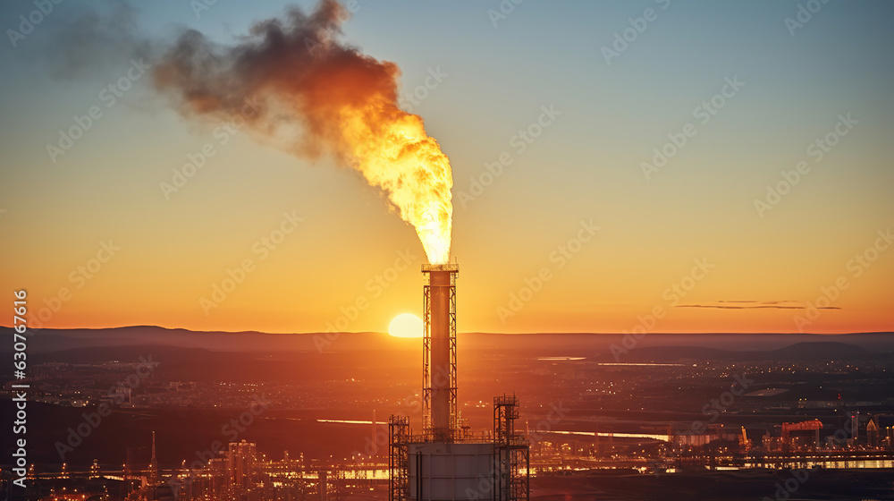 Flare pit tower for gas combustion natural gas processing, outdoor industrial flare boom, Generative AI