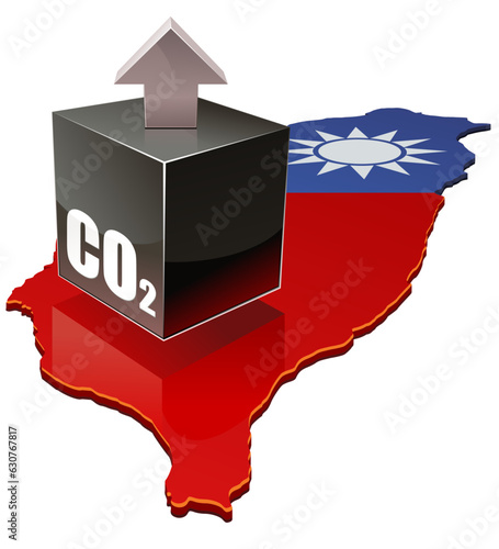 3D map of Taiwan in the colors of the Taiwanese flag on which floats a black cube with an arrow and an inscription C02 representing carbon dioxide emissions (cut out)