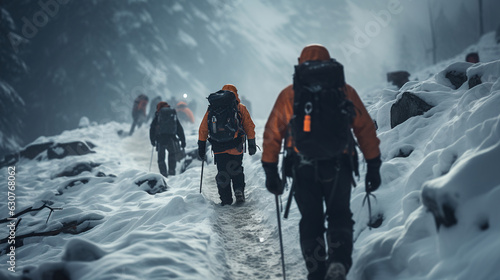 Fotografiet Rescue team navigates through a treacherous snowstorm, searching for missing people buried in an avalanche