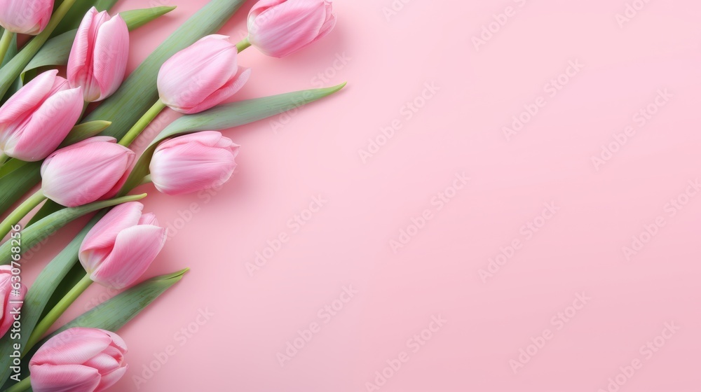Spring tulip flowers on pink background with copy space for text. AI generative. Spring tulip flowers on pink background with copy space for text. AI generative.