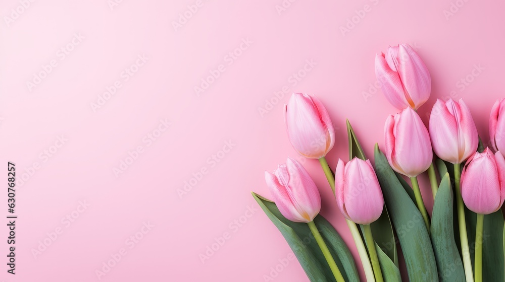 Spring tulip flowers on pink background with copy space for text. AI generative.