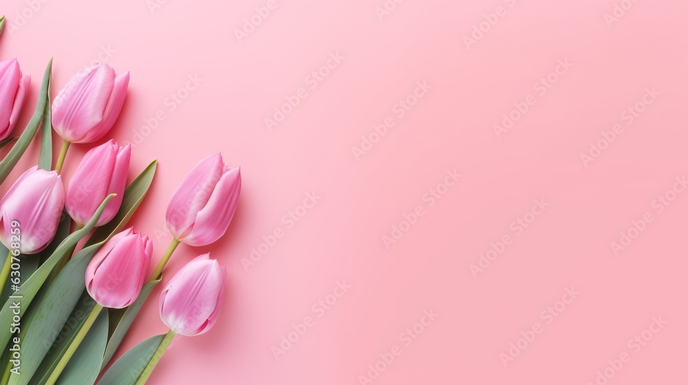Spring tulip flowers on pink background with copy space for text. AI generative. Spring tulip flowers on pink background with copy space for text. AI generative.