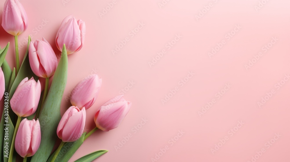 Spring tulip flowers on pink background with copy space for text. AI generative.