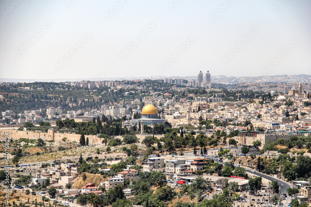 Jerusalem old city, landscape view, Dome of the Rock and Al Aqsa Mosque from the Mount of Olives in Jerusalem, Israel.