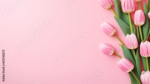 Spring tulip flowers on pink background with copy space for text. AI generative.